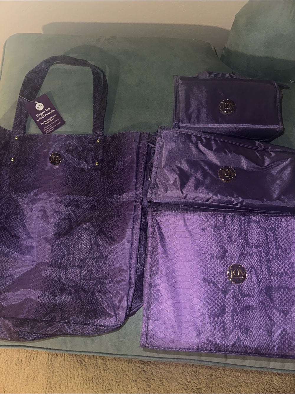 Joy Mangano Purple Snakeskin Tote & Travel Set